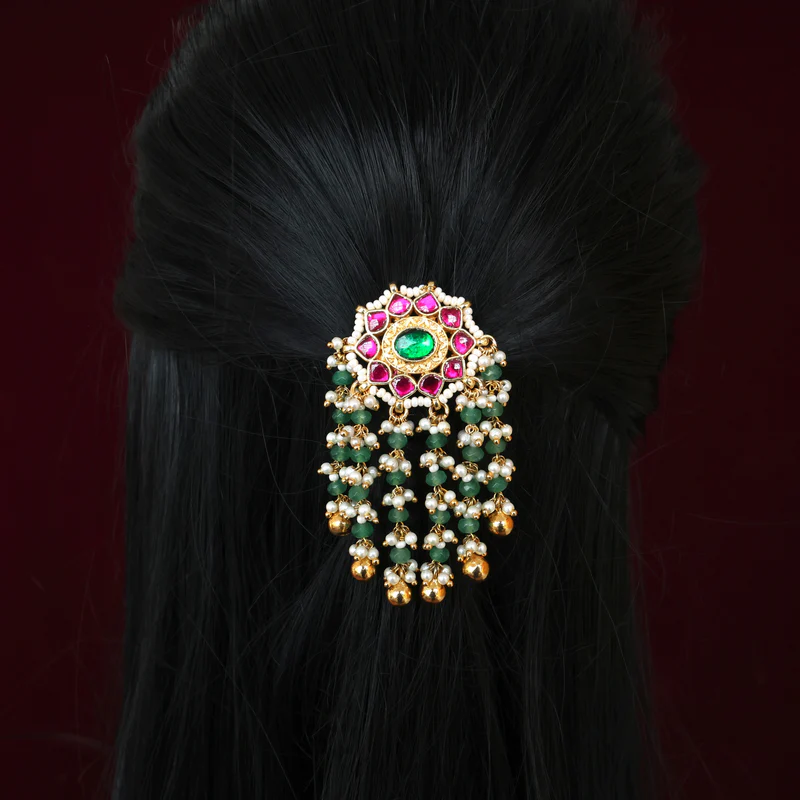 Handmade Pachi Kundan Choti – Star Chakra Agate Drops (Ruby & Green)